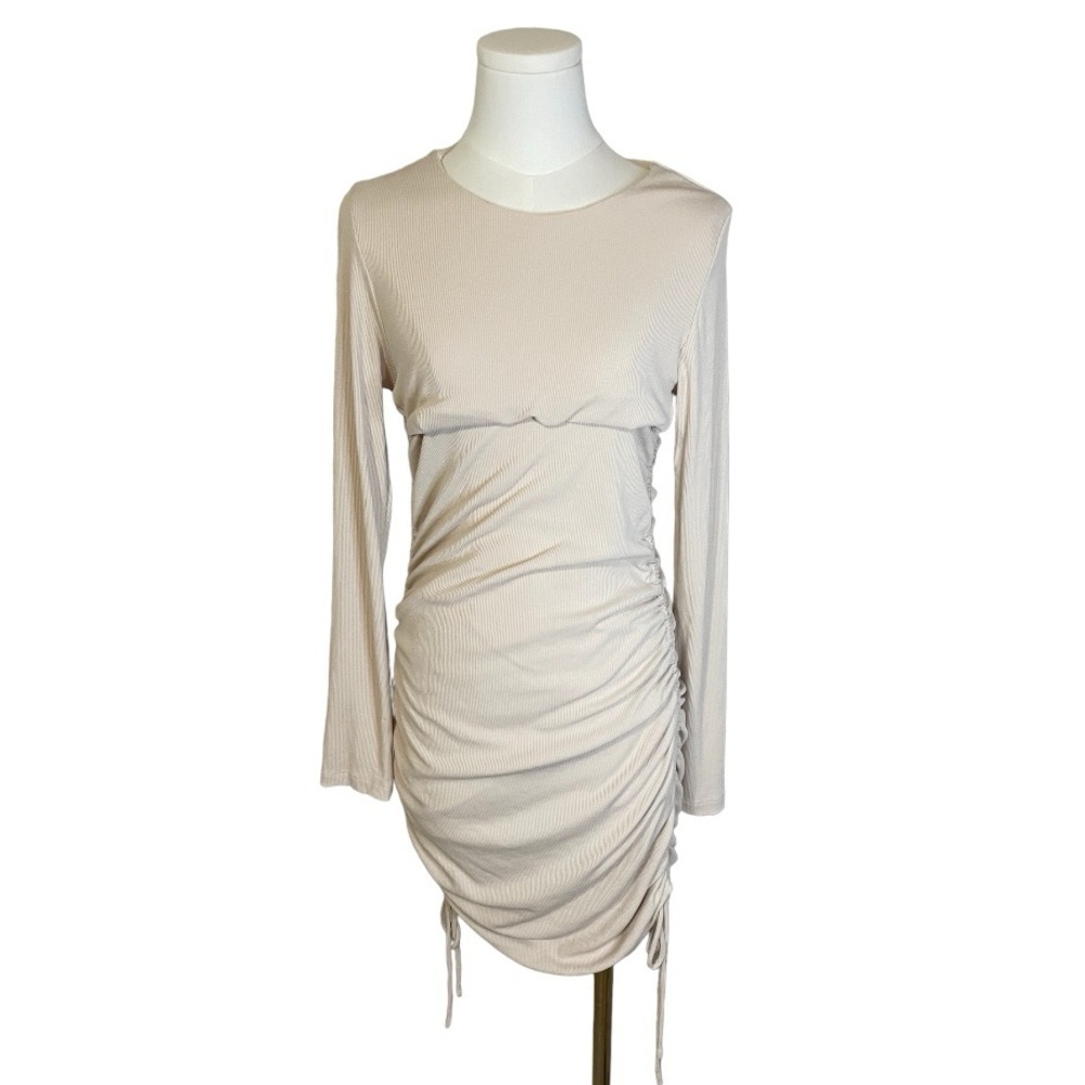 PRINCESS POLLY Beige Stormi Long Sleeve Mini Dress Sz 12 Ruched Party Date Club